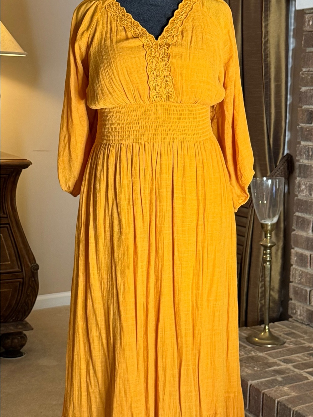 Anthropologie Mustard Yellow Lace Trim Smocked Maxi Dress 3X